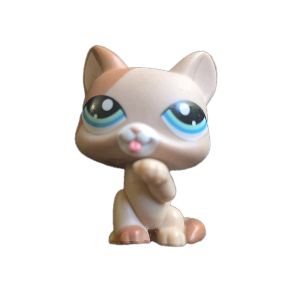 Littlest Pet Shop LPS #1363 Tan And Brown Kitty Cat Blue Eyes Licking Paw